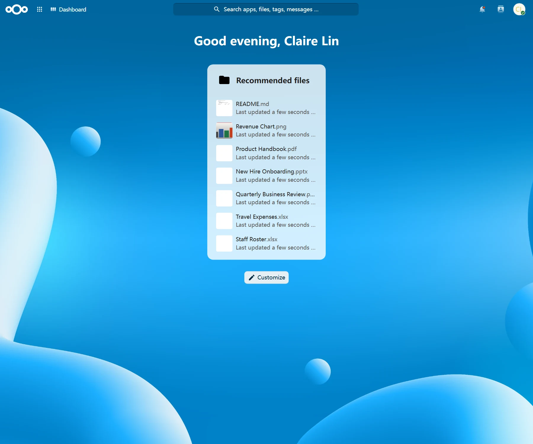 Default installation: the dashboard after sign-in