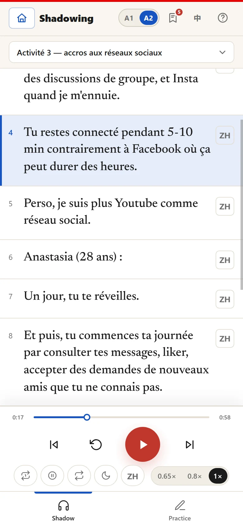 ZEUS FRANÇAiS on a phone: shadowing, sentence by sentence.