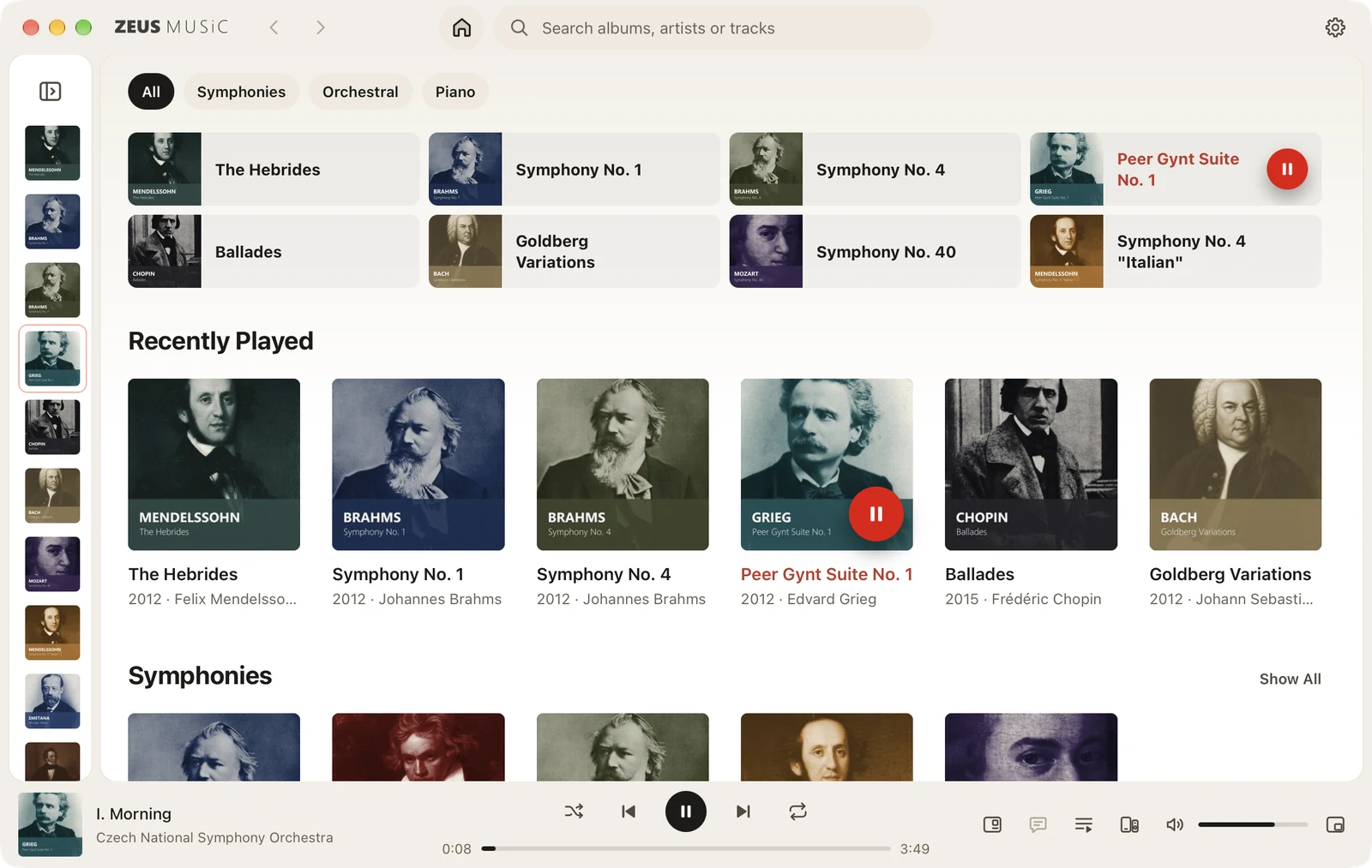 ZEUS MUSiC: the library home page, with albums grouped by category.