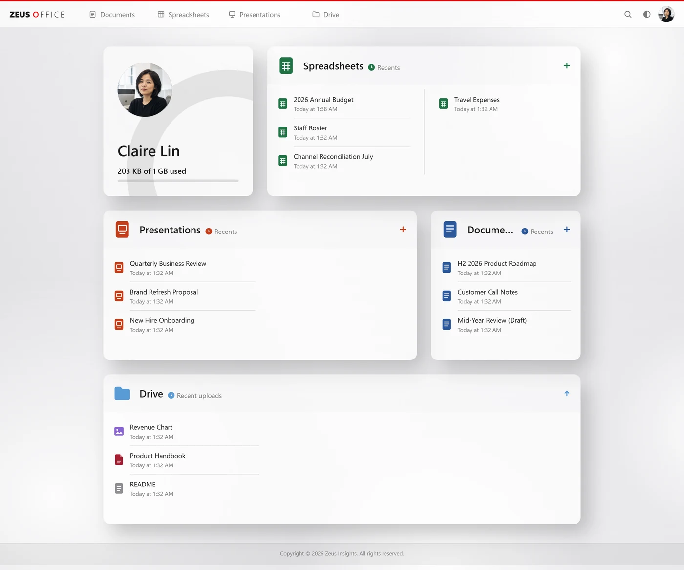 ZEUS OFFICE in a browser: one home page with sections for spreadsheets, presentations, documents and the drive.