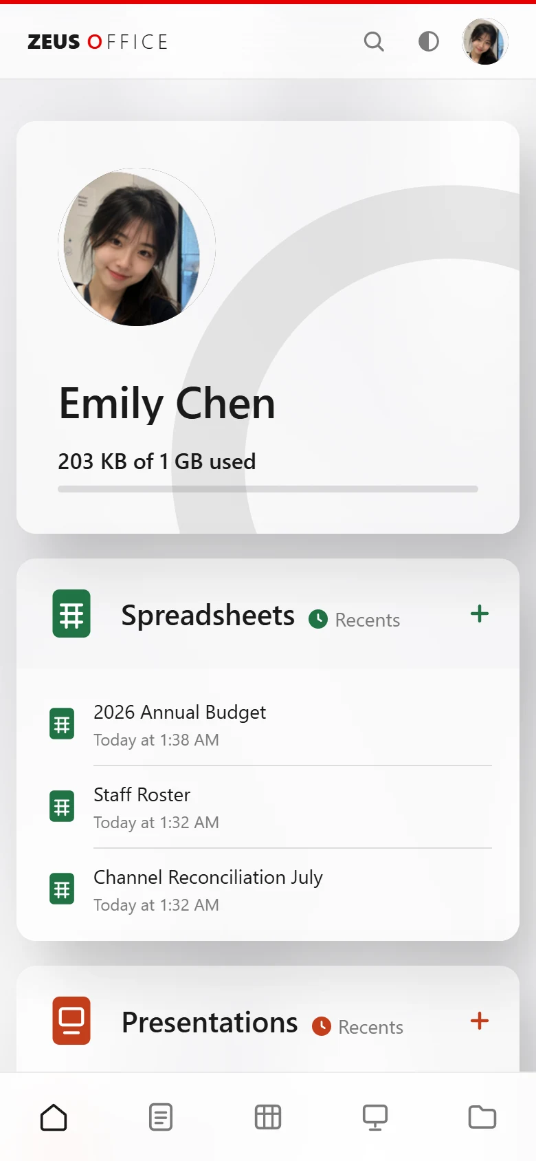 ZEUS OFFICE on a phone: the home page with recent spreadsheets and presentations.